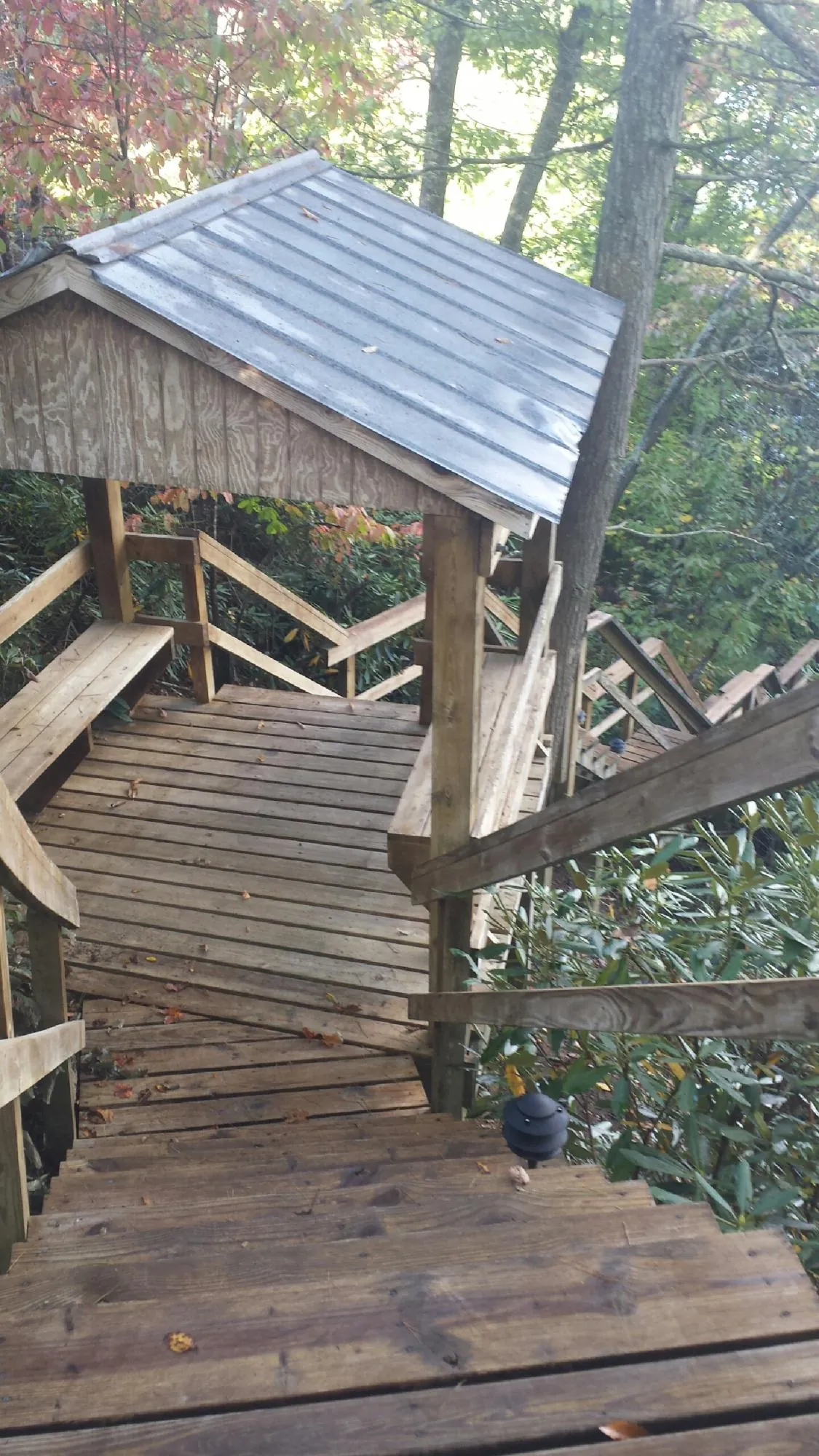 Metal roofed shelter over wooden steps on a wooded walkway — Skylight Repair & Installation work by our crew in Wataga